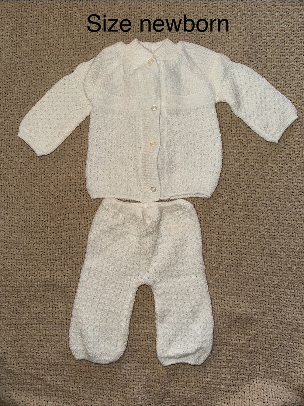 Soft Ivory baby blanket, hat, pants, sweater, & mittens set